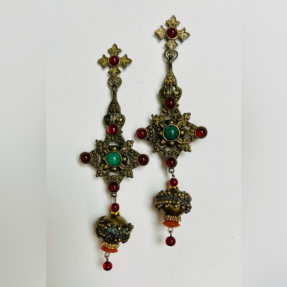 Robert Rose Brass and Red Starburst Earrings